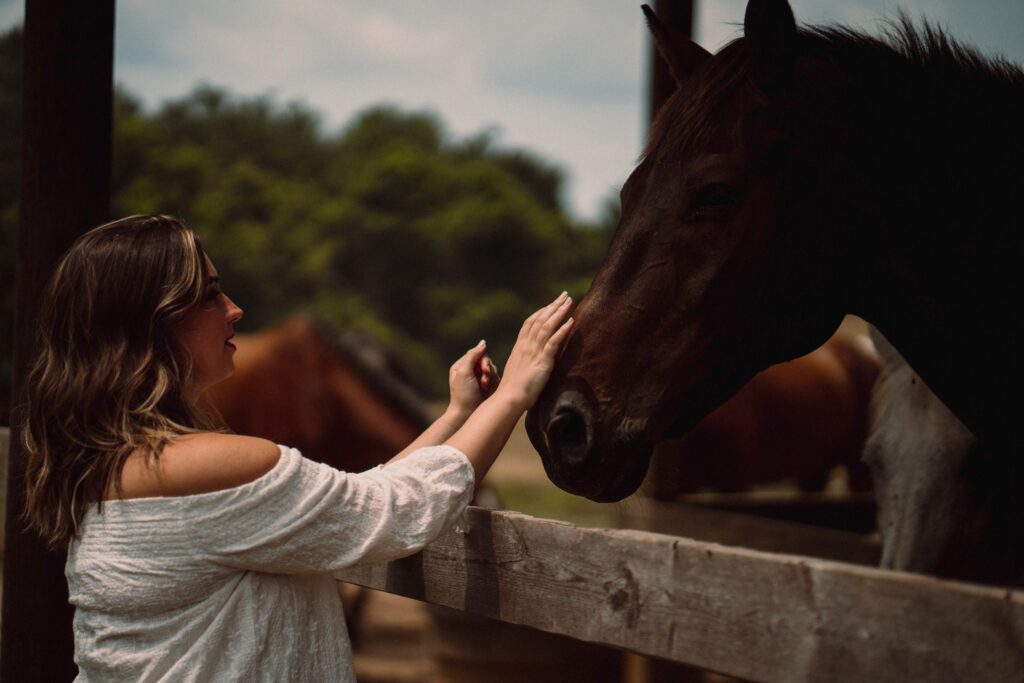 Woman reaches her hand out to stroke the nose of a dark brown horse.