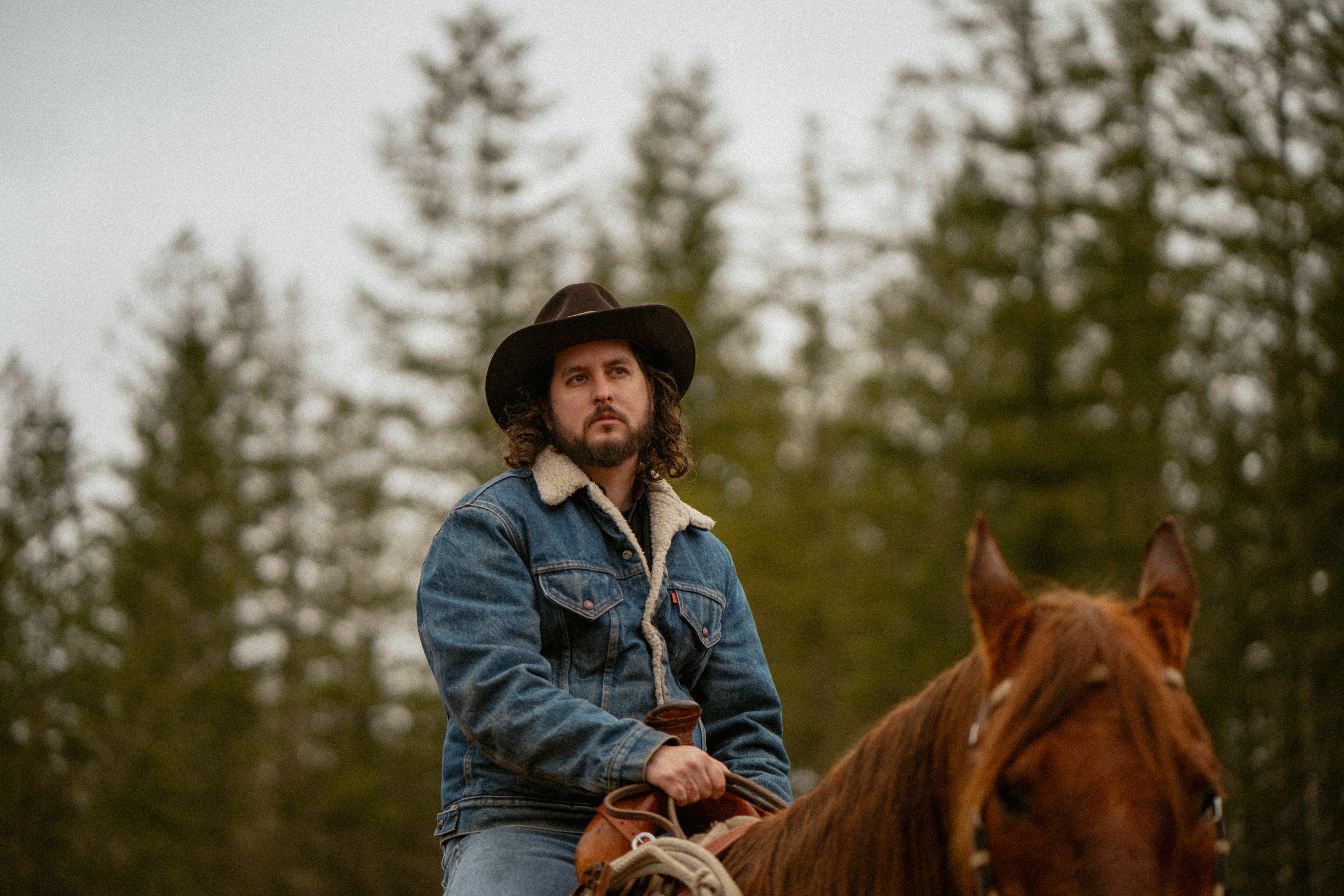 Musician wearing cowboy hat riding Horse